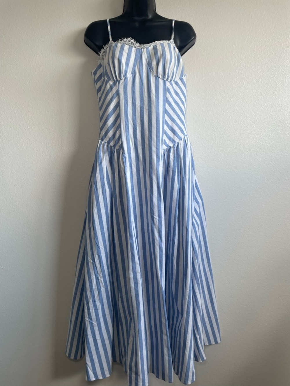 NWT Commense Blue White Striped Midi Dress Women Medium Cotton Lace Trim - Picture 2 of 11